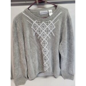 Alfred‎ Dunner Women XL Gray Chenille Embellished Geometric Knit Sweater